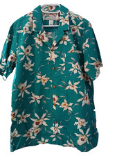 Vintage Men's Hawaiian style Large button up shirt - green background with white