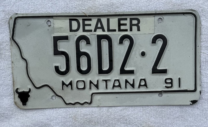 Vintage 91 MT Dealer License Plate 1991 Montana Lic Car Dealer 56 D 22 White Blk