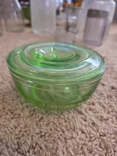 Jeannette Uranium Green Glass 5 3/4" Serving Bowl w / Lid