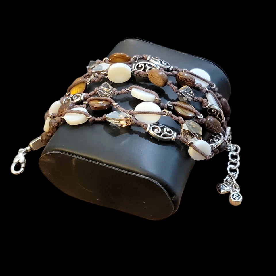 Pulsera Brighton Riviera Multi-Hebra Plata Concha Madera Cristal Boho 7" Corazón Foto 2 de 4