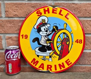 SUPERB LARGE ROUND SHELL MARINE GASOLINE / OIL ENAMEL SIGN FELIX THE CAT