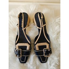 Prada Patent Slingback Heels Buckle Detail Block Heel Navy Beige Leather Size 40