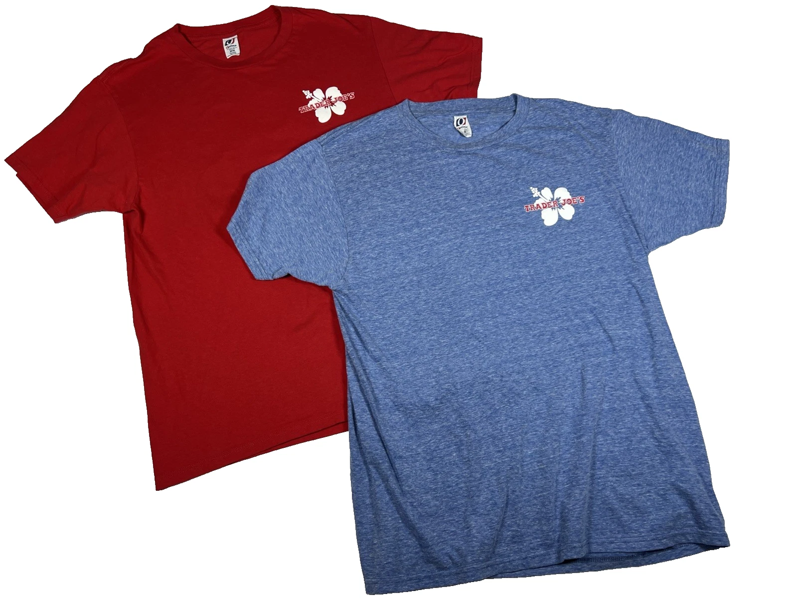 Trader Joe’s TWO Red & Blue Short Sleeve T-Shirt MEDIUM Hibiscus Logo Unisex
