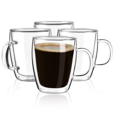 YUNCANG Double Wall Coffee Mugs, (4-Pcak) 16 Ounces-Clear Glass Cups with Handle