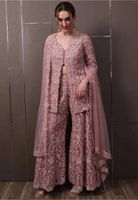 Bollywood Style Pink Faux Georgette Top Palazzo With Dupatta For Wedding Wear
