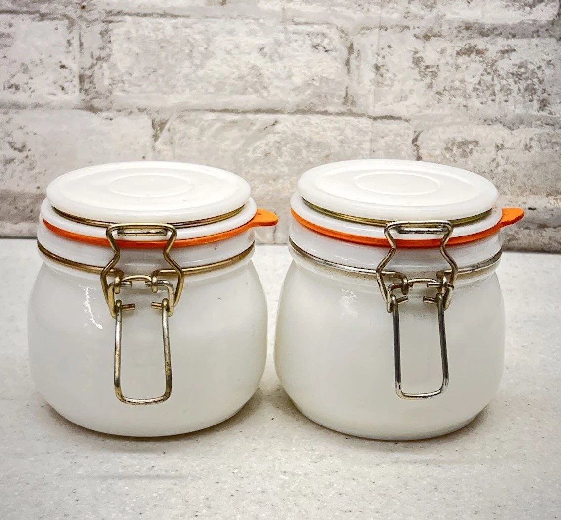 SET 2, White Milk Glass Apothecary Jars Bottles Round w/ Hinged Sealed Lid Cover