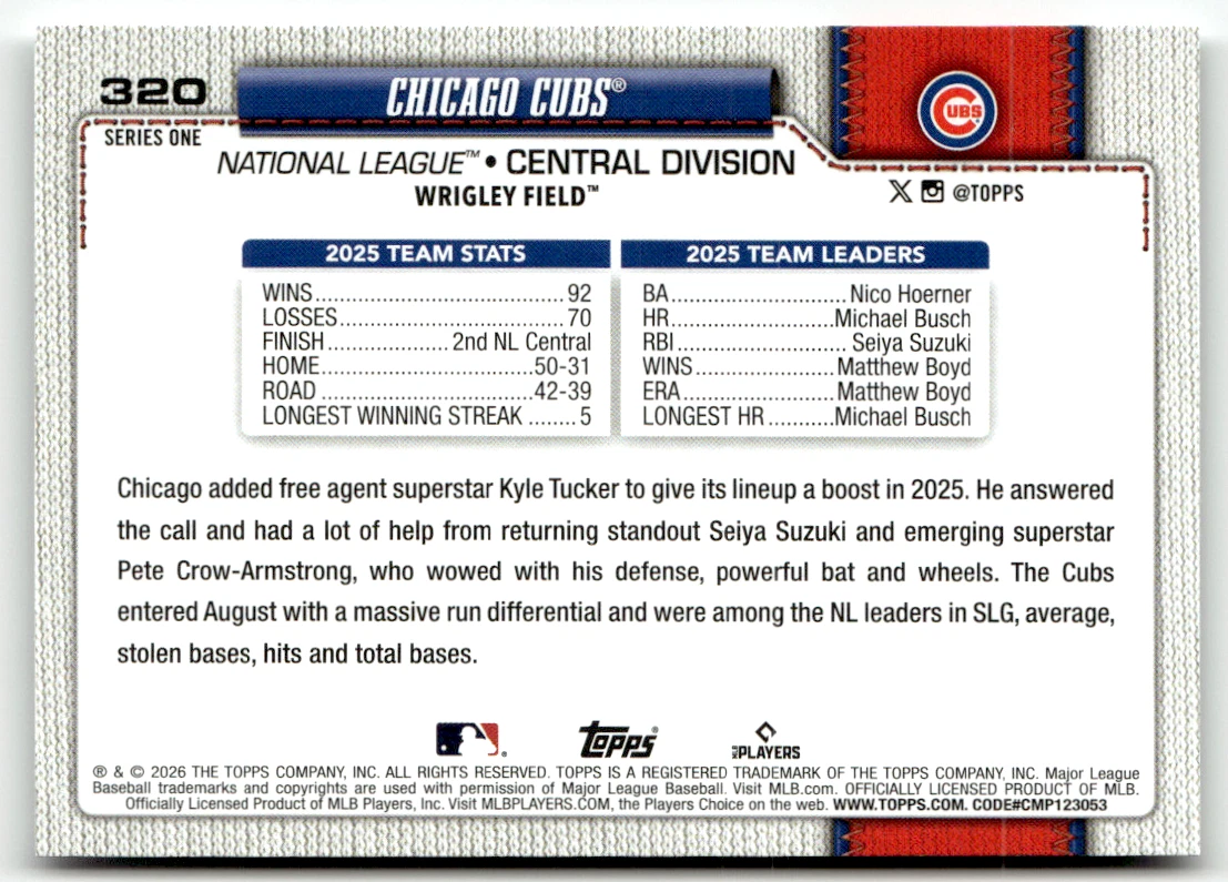 Topps MLB Series One No. 2026 320 Chicago Cubs