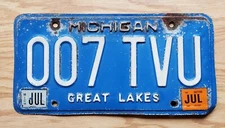 2007 Michigan License Plate 007 TVU James Bond Great Lakes Blue and White