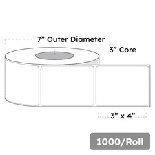 3" x 4" x 1000 Labels, White Gloss BOPP Roll Inkjet Labels, 3" Core, Blank