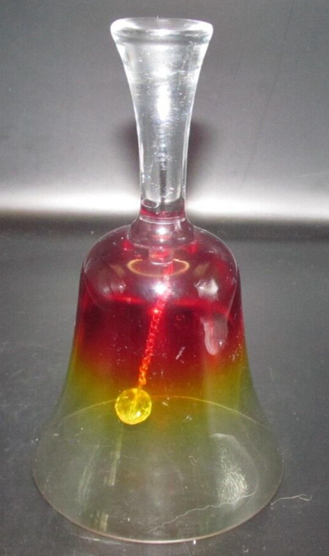 Crystal Clear Red Yellow Glass Bell UV Manganese Glow 5 3/4" Tall 3 1/4" Rim