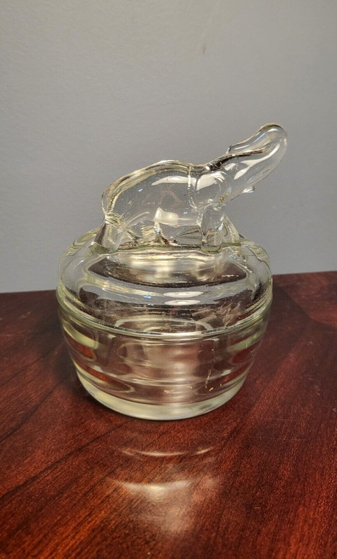 Jeanette Clear Glass Powder Jar With Elephant Lid 4.5x3.75”