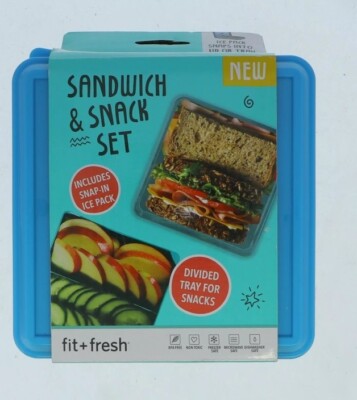 Fit Fresh Sandwich Salad Snack Lunch Box Container Ice Pack 4 Piece Set Blue Top