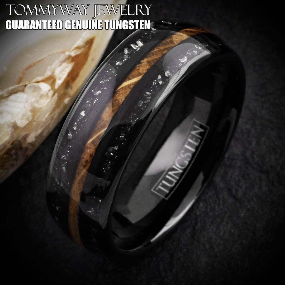 Black Tungsten Carbide Men's Ring Whiskey Barrel Wood Meteorite Wedding  Band