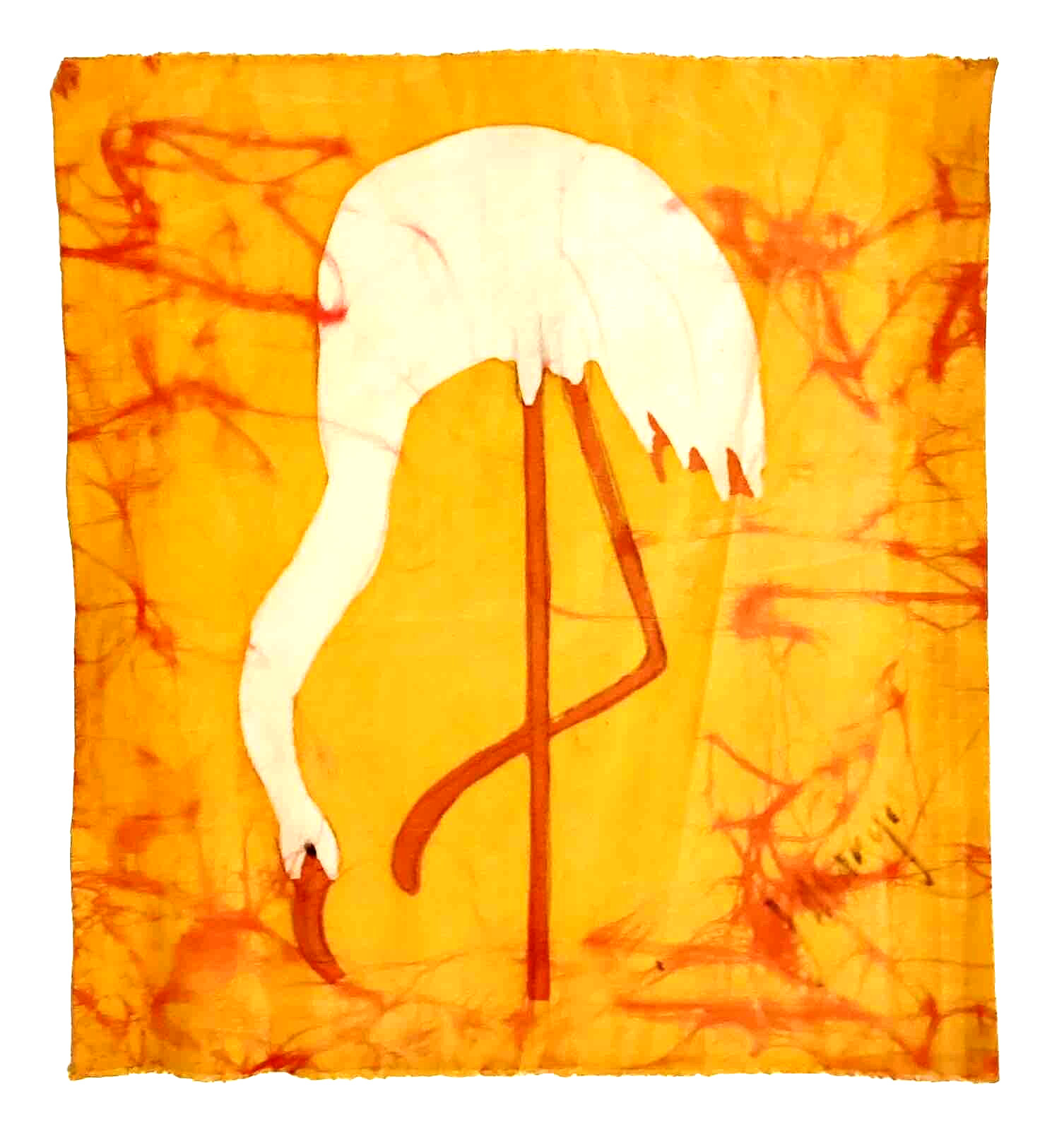 Rare J. Mango Signed Painted White Flamingo Tapestry Retro Yellow Abstract Art