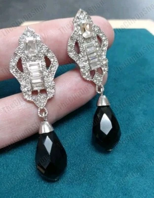 CLIP ON Big Vtg Art Deco EARRINGS Crystal JET BLACK Glass DROP Silver Rhinestone - Image 1 of 4