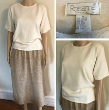 vtg Rosanna Lightweight Pullover Sweater Top Sz PL Cream Shoulder Pads 80s EUC
