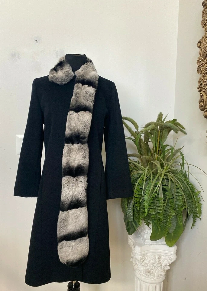 Abrigo chaqueta para mujer Tahari negro mezcla de lana ribete de piel talla 6 ¡USADO EN EXCELENTE ESTADO! $498 Foto 3 de 4