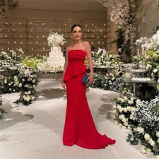 Red Mermaid Pleats Stain Evening Dresses Sleeveless Sexy Prom Party Gowns Satin