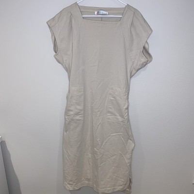 Free People Beach Dress Size M Ivory Square Neck Patch Pockets Midi Summer