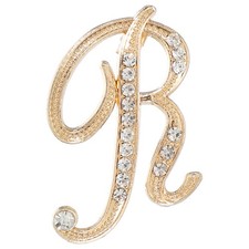 Letter Brooch Pins A-Z 26 Metal Initial Rhinestone Brooches Letter R Gold