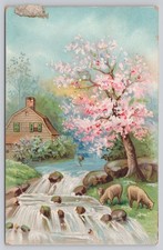 Casa de campo de arte postal con ovejas y arroyo 76F