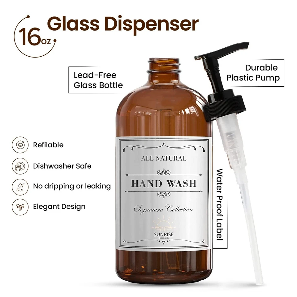 , 16 oz Dispensador de Sabonete de Vidro Âmbar Espesso com Bomba Pacote com 2, Sabonete para Mão e Prato... - Imagem 2 de 4