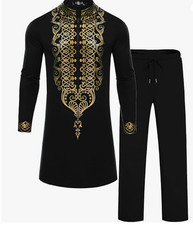 NWT Mens African 2 Pc Set Half Zipper Nigerian Dashiki Metallic Shirt and Pants