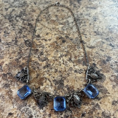 Antique Art Deco Blue Czech Glass Silver Filigree Openwork Necklace