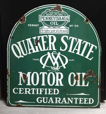 Original 1930s Quaker State Motor Oil 2Sided Porcelain Tombstone Sign 29 x 26.5