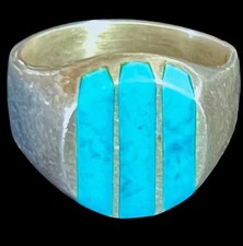 Vtg TAXCO Mexico Sterling Silver Turquoise and Channel Inlay Ring Sz 9.25 NICE
