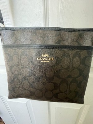 Coach Signature Monogram Crossbody Bag Zip Closure Adj Det Strap Brown/Black