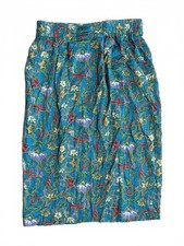 Vintage Floral Print Midi SILK Skirt with Pleated Elastic Waist Turquoise Size 8
