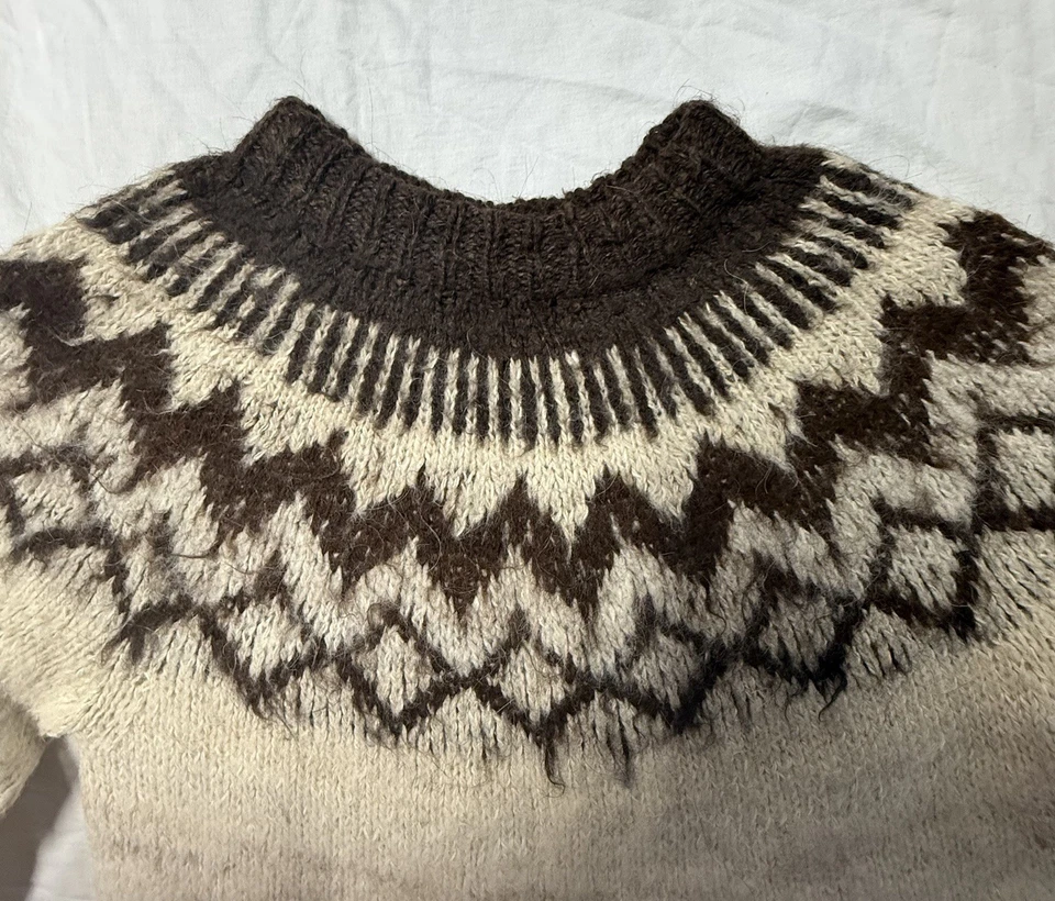 Suéter de Lana Vintage Arco Iris Artesanía Hecho a Mano Yugo Nórdico Islandés Marrón Crema M Foto 2 de 4