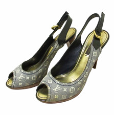 LOUIS VUITTON Monogram Canvas Peep Toe Slingback Stiletto Heels Buckle 6.5 w box