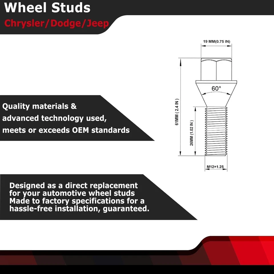 Juego de 20 tacos de rueda de acero de aleación M12x1,25 para Jeep Compass y Chrysler Foto 4 de 4