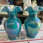 2 Fenton Designer Showcase Aqua Carnival Glass Vase Painted Signed Seahorse Fish