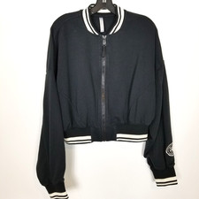 Fabletics Women Zip Up Crop Athletic Jacket Sz L Black White Trim Tennis Sport