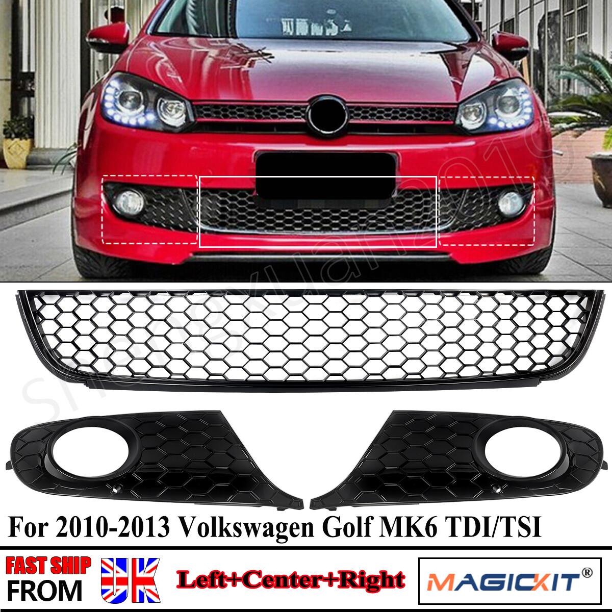 Front Grille Bumper Honeycomb +2pc Fog Light Grill For VW MK6 Golf Jetta 2010-14
