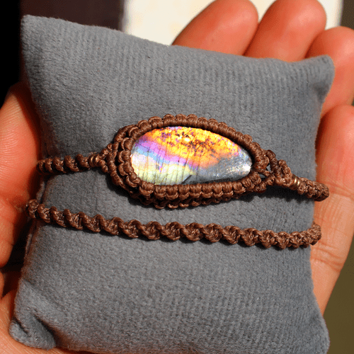Hand Crafted Natural Spectrolite Gemstone Rainbow Flash Micro Macrame Bracelet - Picture 6 of 10