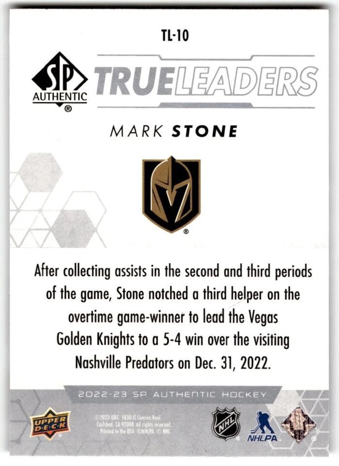2022-23 SP Authentic True Leaders Mark Stone #TL-10 Vegas Golden Knights - Image 2 of 2