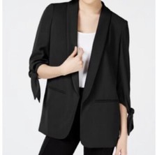 Bar III Blazer Jacket Women's Tie Sleeves Black Open Career Minimalist Classic