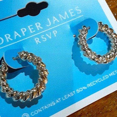 DRAPER JAMES Mod/Contemporary Gold Clear CZ Stone Twisted Hoop Earrings**NEW!