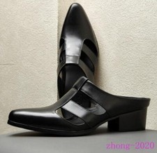Men's Real Leather Hollow Out Casual Dress Mules Slip on Pointed Toe Slippers