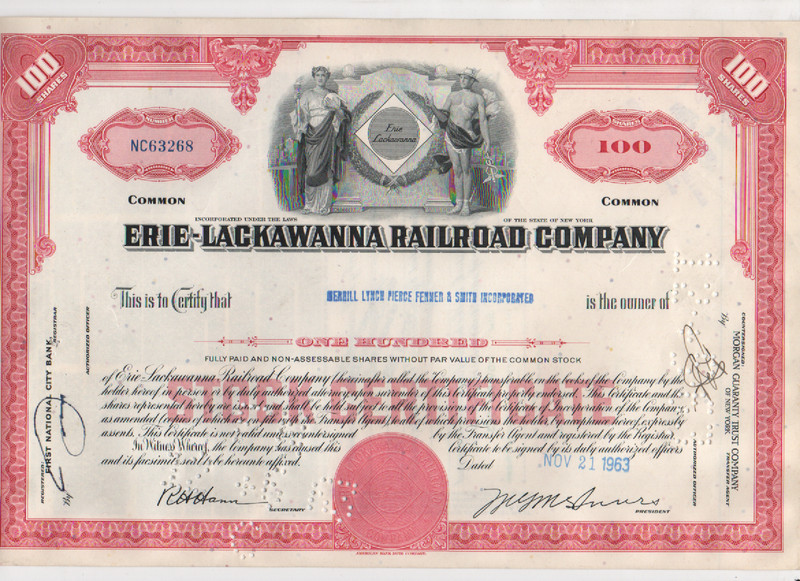 Erie Lackawanna Railroad Company Stock Certificate 1963