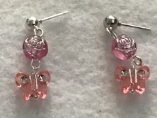 Pink Butterfly Beaded Stud Dangling Earrings-great for teenagers