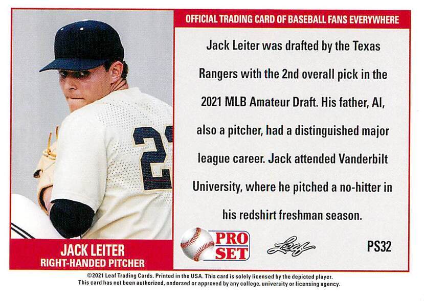 Jack Leiter PS32 2021 Pro Set Green XRC Rookie