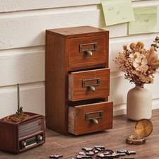 Mini 3 Drawers  Storage Desktop Vintage Wooden Organiser Home Office Trinket Box