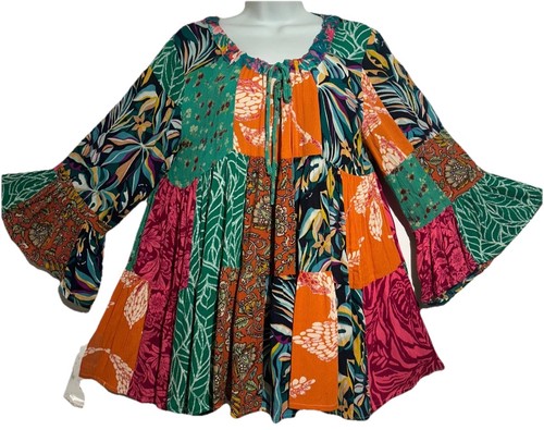 Nwt SACRED THREADS floral patch funky hippy rayon TOP BLOUSE L Free shipping