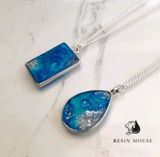 Handmade Resin Art Blue Arctic Pendant Necklaces x2 Genuine 925 Silver Chain