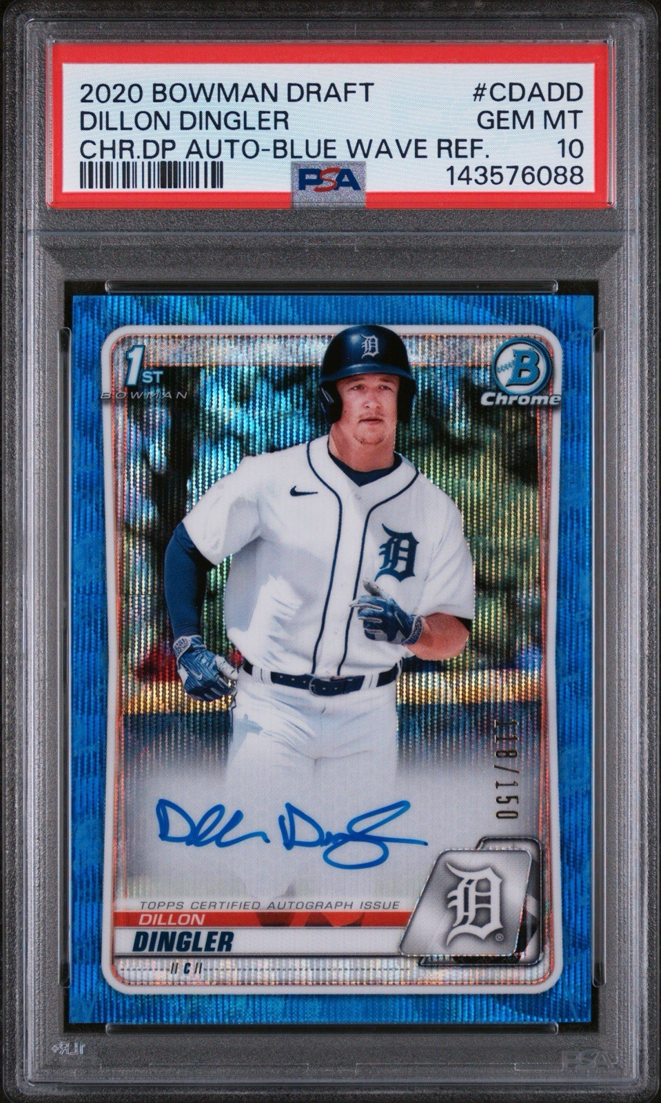 DILLON DINGLER #/150 - 2020 1st Bowman Draft Chrome BLUE WAVE AUTO PSA 10 TIGERS